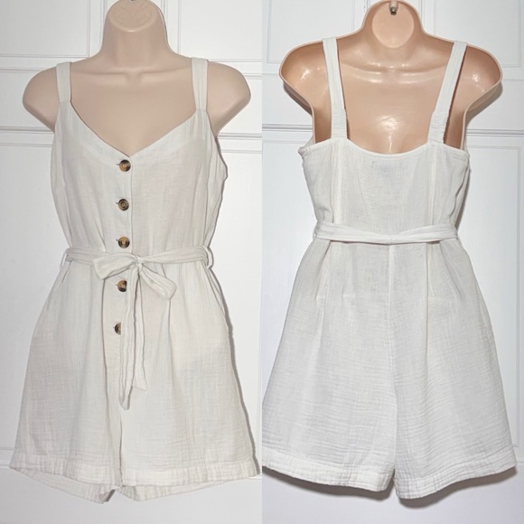 Primark Pants - Primark White Linen Button Front Tie Waist Romper Size 6 Summer